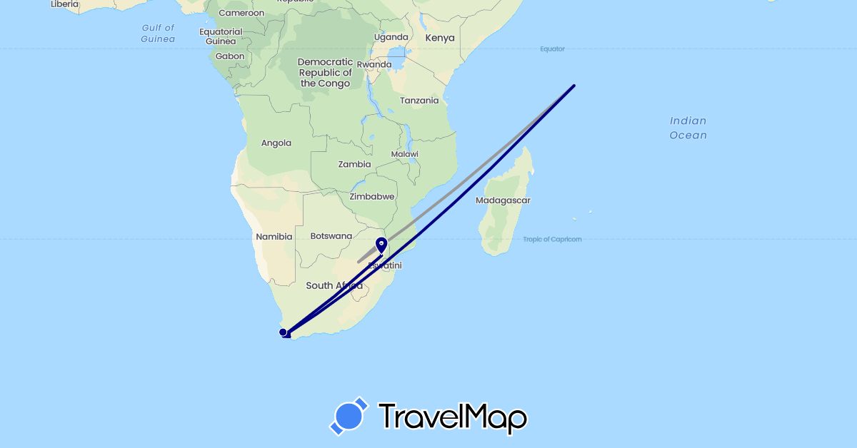 TravelMap itinerary: driving, plane in Seychelles, South Africa (Africa)